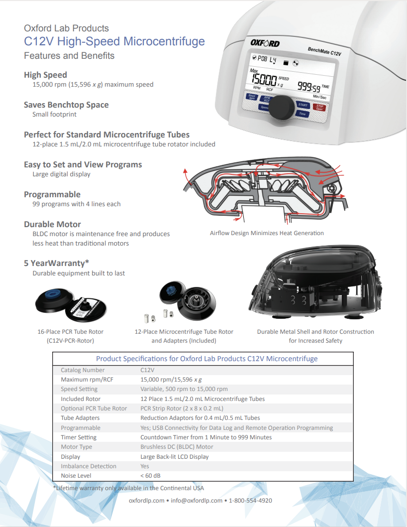Oxford Lab Products C12V High-Speed Microcentrifuge